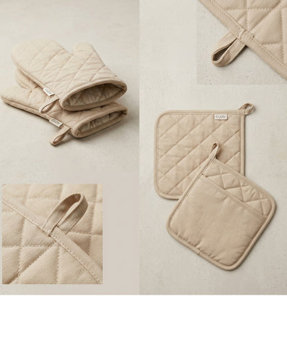 Clov Oven Mitt and Pot Holder Set Oat 4 Piece