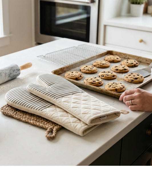 Clov Oven Mitt with Silicone Stripes Cream 15 in Pair